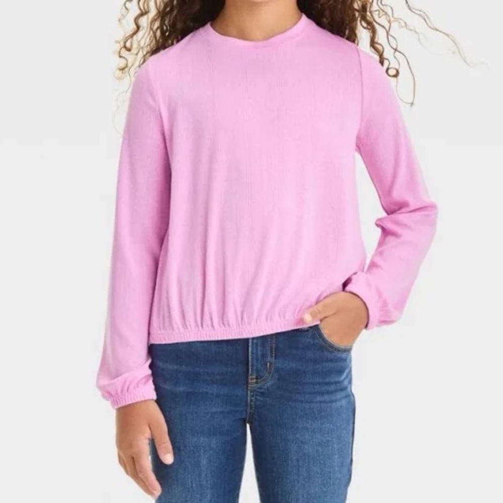 Cat & Jack Girls' Long Sleeve Pointelle Knit Top - Medium Lavender